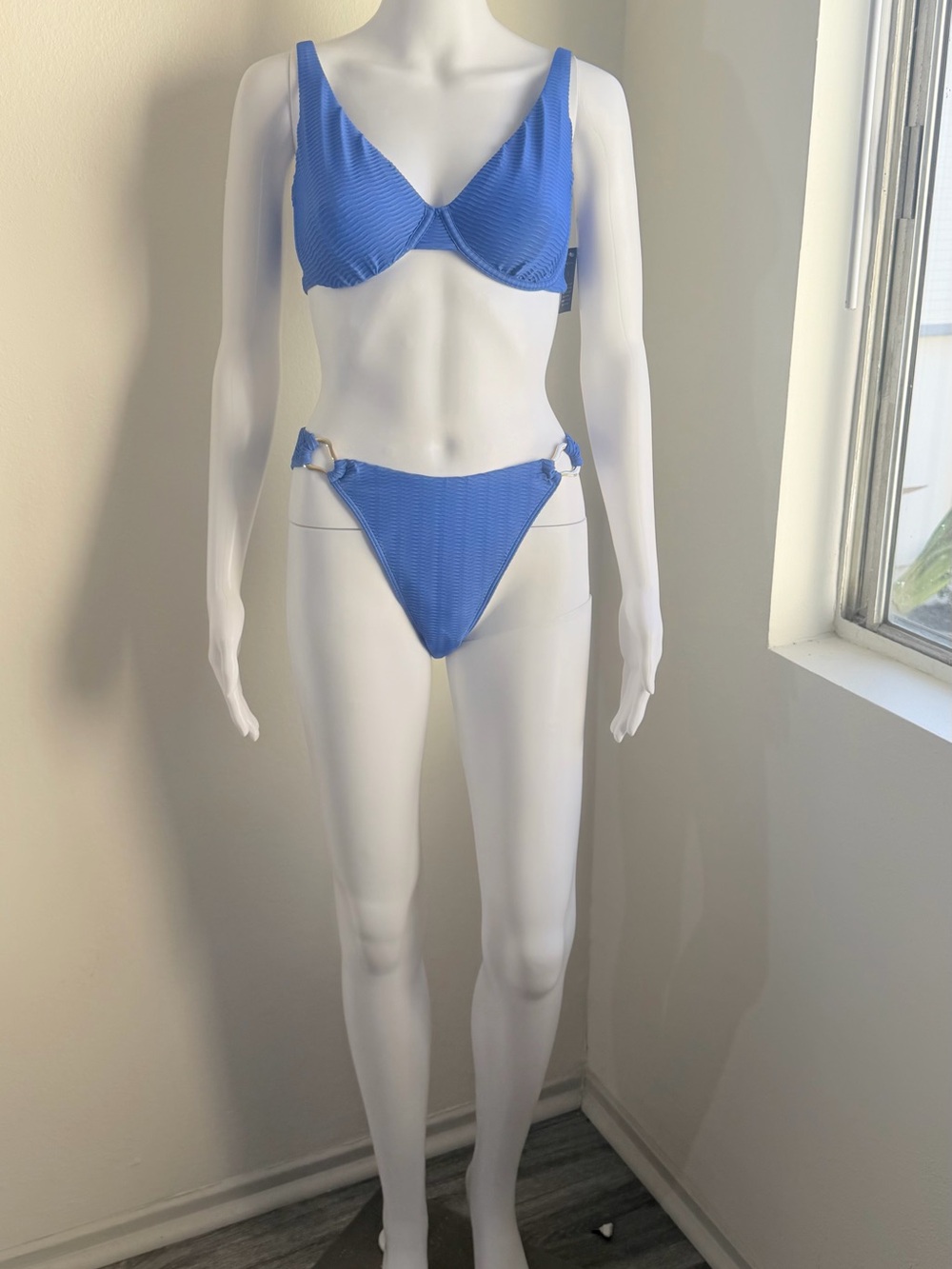 Abercrombie & Fitch Blue Ribbed Underwire Bikini with Ring-Detail Sides